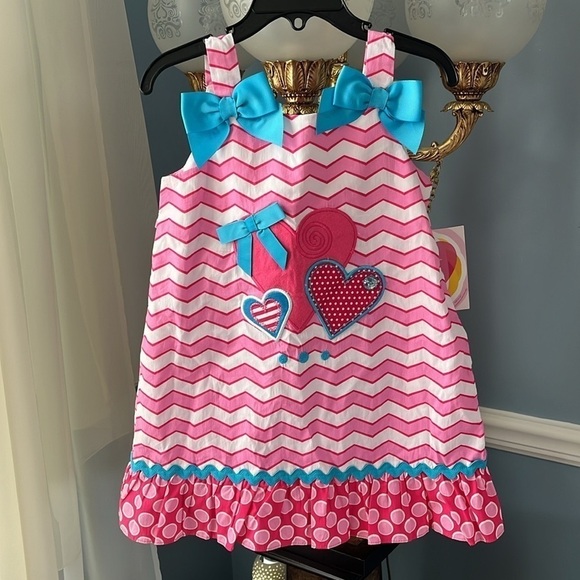 Youngland Other - Brand New Youngland Pink & White Striped Ruffle Sleeveless Dress Blue Bows Heart